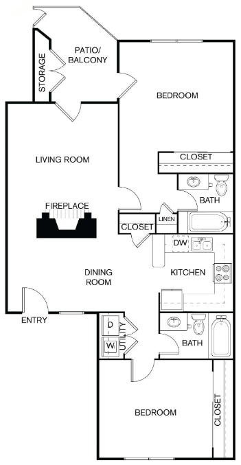 A floor plan of a home with a living room, dining room, kitchen, and two bedrooms.